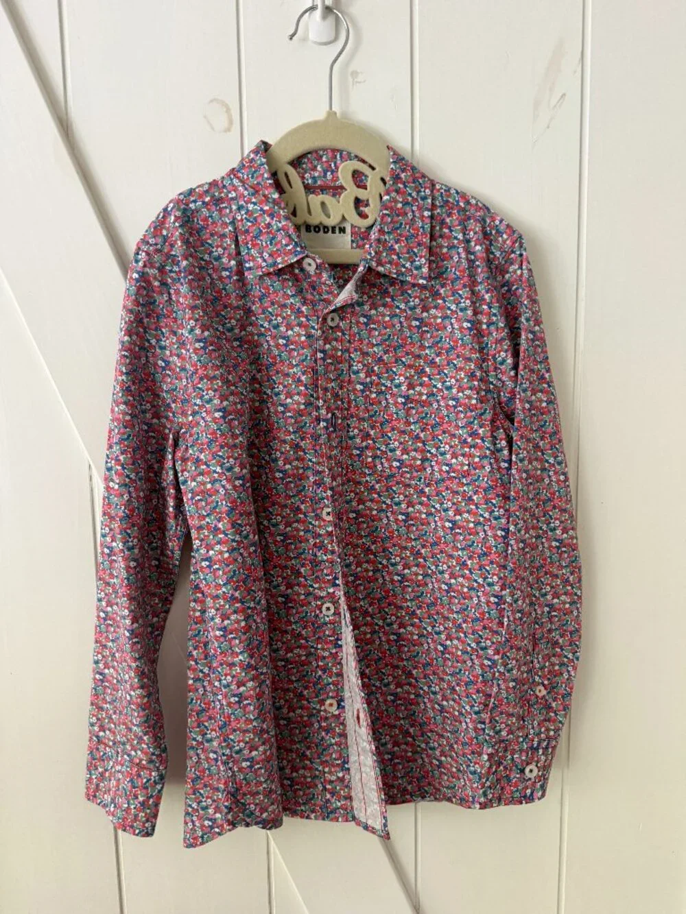 Mini Boden Boys Pink and multi-colored floral long sleeve button down shirt